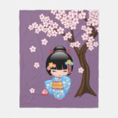 舞妓こけし人形 - 青い着物の芸者さん フリースブランケット (正面)