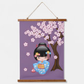 舞妓こけし人形 - 青い着物の芸者さん 吊り下げ型タペストリー (正面)