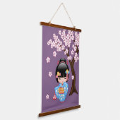 舞妓こけし人形 - 青い着物の芸者さん 吊り下げ型タペストリー (傾斜あり)