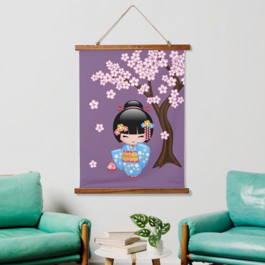 舞妓こけし人形 - 青い着物の芸者さん 吊り下げ型タペストリー (リビング)