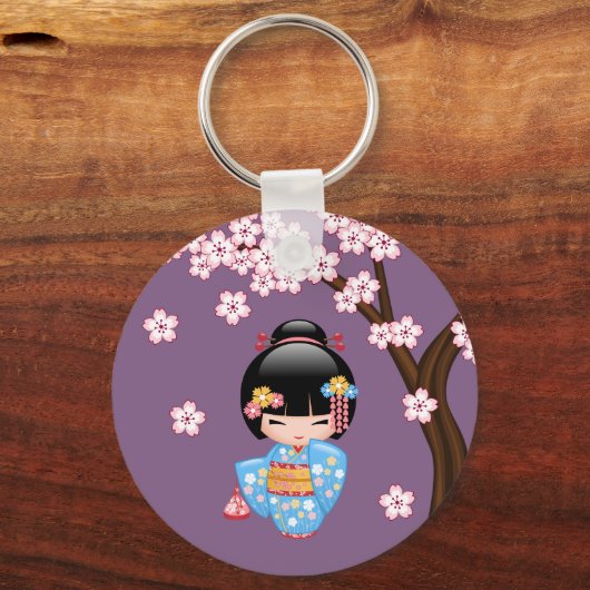 舞妓こけし人形 – 青い着物芸者ガール キーホルダー (正面)