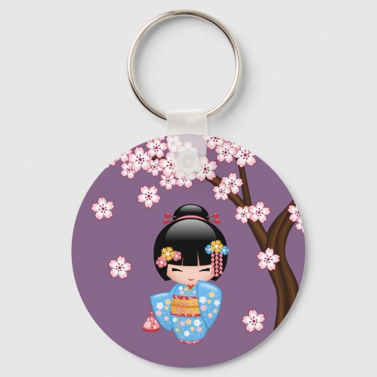 舞妓こけし人形 – 青い着物芸者ガール キーホルダー (裏面)
