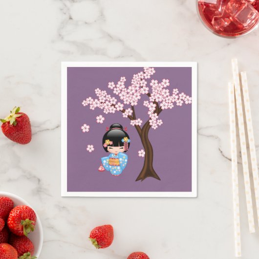 舞妓こけし人形 – 青い着物芸者ガール スタンダードカクテルナプキン (インサイチュ)