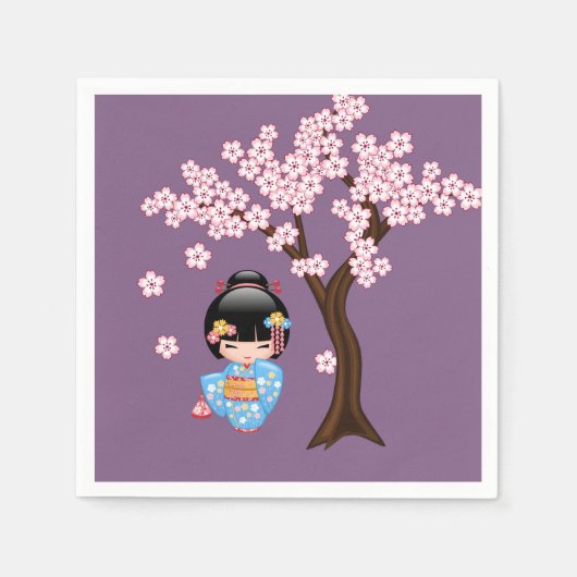 舞妓こけし人形 – 青い着物芸者ガール スタンダードカクテルナプキン (正面)