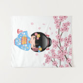 舞妓こけし人形 – 青い着物芸者ガール タペストリー (正面(横))