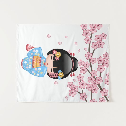 舞妓こけし人形 – 青い着物芸者ガール タペストリー (正面(横))