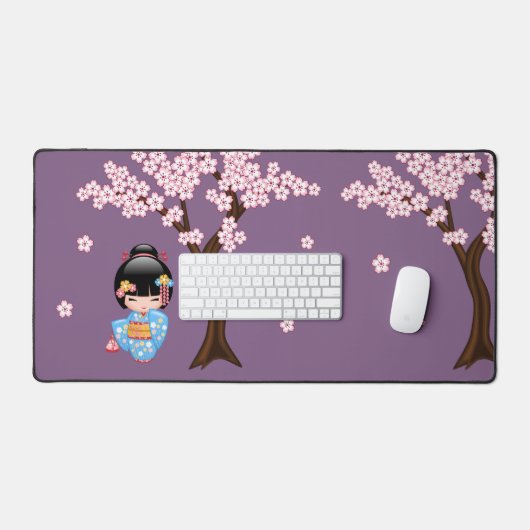 舞妓こけし人形 – 青い着物芸者ガール デスクマット (キーボード&マウス)