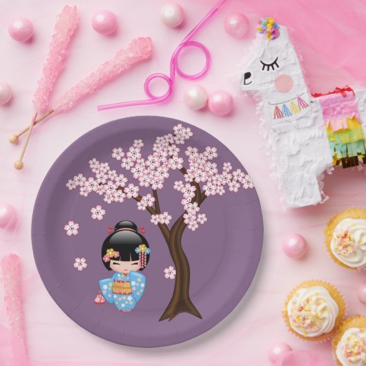 舞妓こけし人形 – 青い着物芸者ガール ペーパープレート (パーティー)