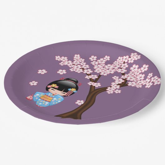 舞妓こけし人形 – 青い着物芸者ガール ペーパープレート (アングル)