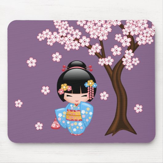 舞妓こけし人形 – 青い着物芸者ガール マウスパッド (正面)