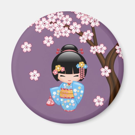 舞妓こけし人形 – 青い着物芸者ガール マグネット (正面)