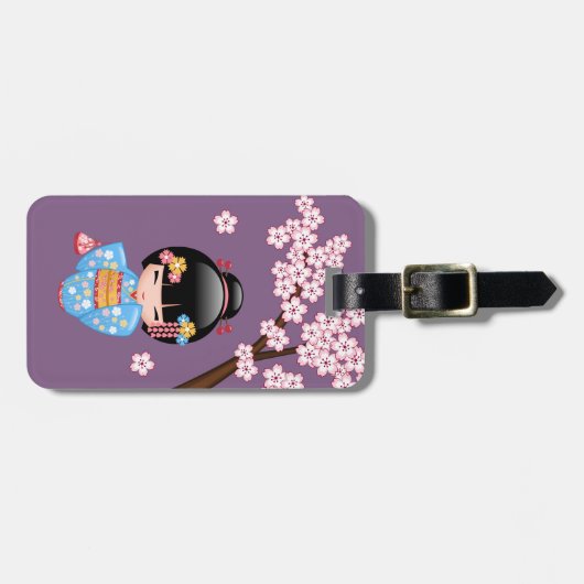 舞妓こけし人形 – 青い着物芸者ガール ラゲッジタグ (正面横)