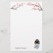 舞妓こけし人形 – 青い着物芸者ガール 便箋 (正面)