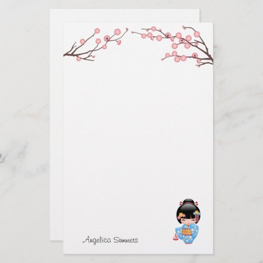 舞妓こけし人形 – 青い着物芸者ガール 便箋 (正面/裏面)