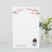 舞妓こけし人形 – 青い着物芸者ガール 便箋 (スタンド正面)