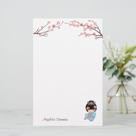 舞妓こけし人形 – 青い着物芸者ガール 便箋 (スタンド正面)