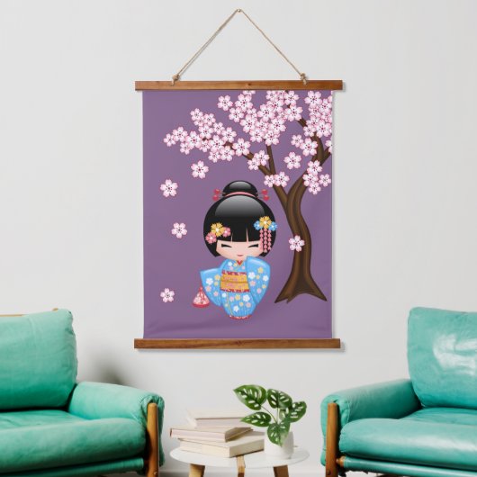 舞妓こけし人形 – 青い着物芸者ガール 吊り下げ型タペストリー (リビング)