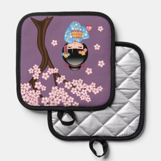 舞妓こけし人形 – 青い着物芸者ガール 鍋敷き (正面/裏面)