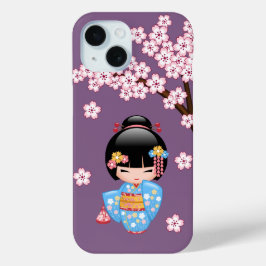 舞妓こけし人形 – 青い着物芸者ガール iPhone 15ケース