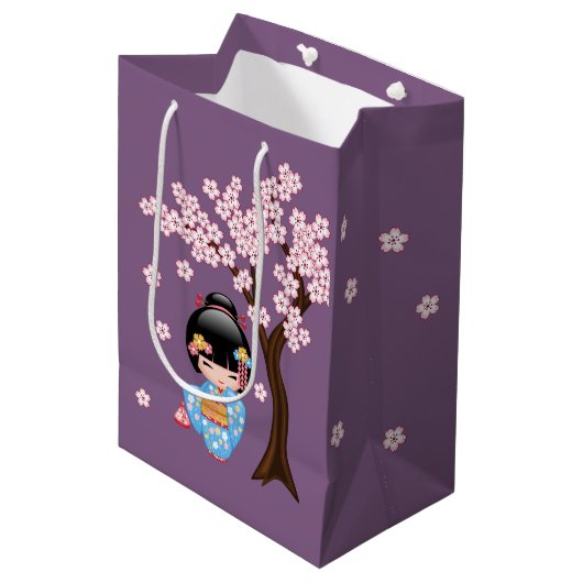 舞妓こけし青い着物芸者女紫 ミディアムペーパーバッグ (正面アングル)