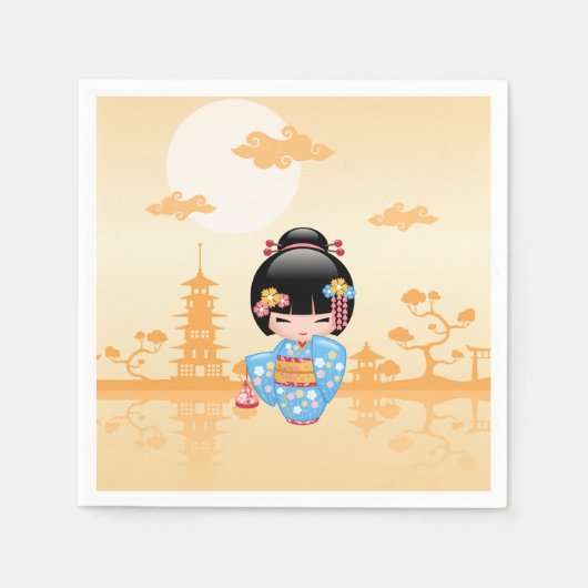 舞子こけし人形 – かわいい日本の芸者ガール スタンダードカクテルナプキン (正面)