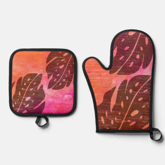 舞階ハワイアンモンステラリーフティー – ダイ明るい赤紫色 鍋つかみ&鍋敷きセット (正面)