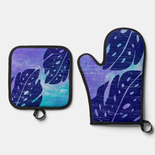 舞階ハワイアンモンステラ葉タイ – 染色パープル 鍋つかみ&鍋敷きセット (正面)