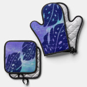 舞階ハワイアンモンステラ葉タイ – 染色パープル 鍋つかみ&鍋敷きセット (正面/裏面)