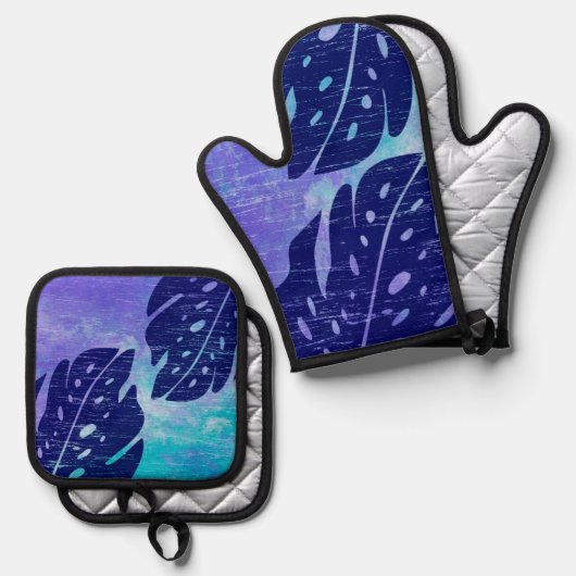 舞階ハワイアンモンステラ葉タイ – 染色パープル 鍋つかみ&鍋敷きセット (正面/裏面)