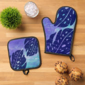 舞階ハワイアンモンステラ葉タイ – 染色パープル 鍋つかみ&鍋敷きセット (トップダウン)