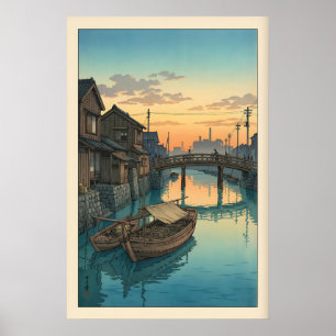 舟渠壁画 有栖川絵 夕暮れの風景 (青) ポスター