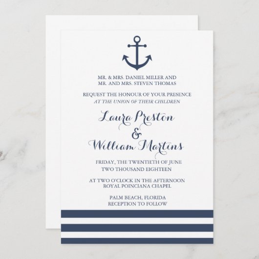 航海のいかりとストライプの結婚式招待状 招待状 (正面/裏面)