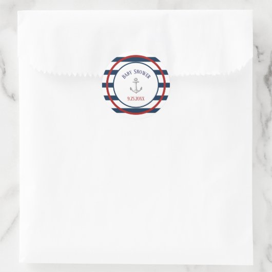 航海のいかりとストライプの赤ちゃんシャワー ラウンドシール (バッグ)