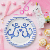 航海のいかりとハート |ネイビストライプの ペーパープレート (パーティー)