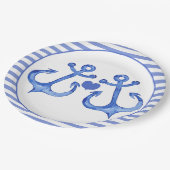 航海のいかりとハート |ネイビストライプの ペーパープレート (アングル)