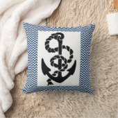 /航海のいかりとロープ、ネイビーブルーの白いシボロン クッション (ブランケット)