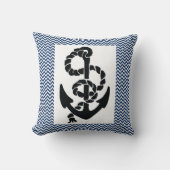 /航海のいかりとロープ、ネイビーブルーの白いシボロン クッション (正面)