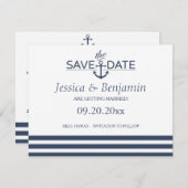 航海のいかりと日付ストライプのポストカードの保存 招待状 (正面/裏面)