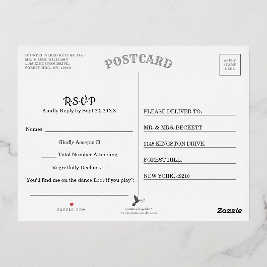 航海のいかりウェディングRSVP実在 箔招待状ポストカード (裏面)