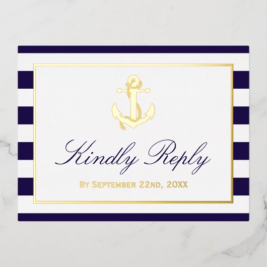 航海のいかりウェディングRSVP実在 箔招待状ポストカード (正面)