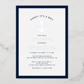 航海のいかりエレガント男の子の赤ん坊シャワー銀 箔招待状 (正面)