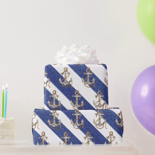 航海のいかりオンウォーター色ストライプ ラッピングペーパー (パーティーギフト)