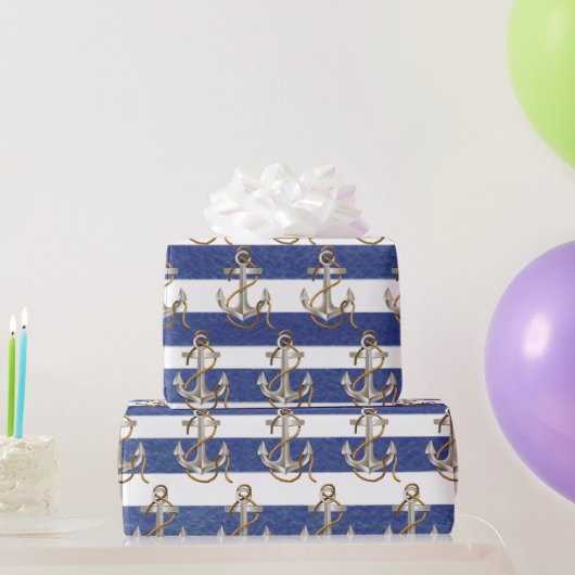 航海のいかりオンウォーター色ストライプ ラッピングペーパー (パーティーギフト)