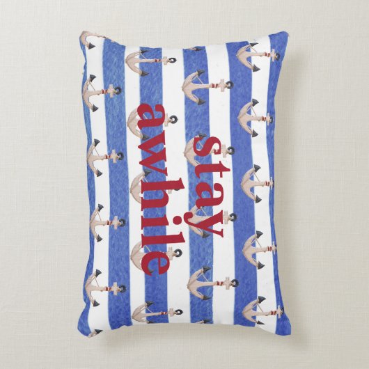 航海のいかりオン青い水色ストライプ アクセントクッション (正面(垂直))