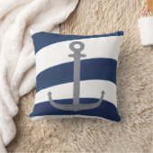 航海のいかりオン青と白の波状ストライプ クッション (ブランケット)