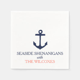航海のいかりカスタムネイビーブルー/コーラル スタンダードカクテルナプキン