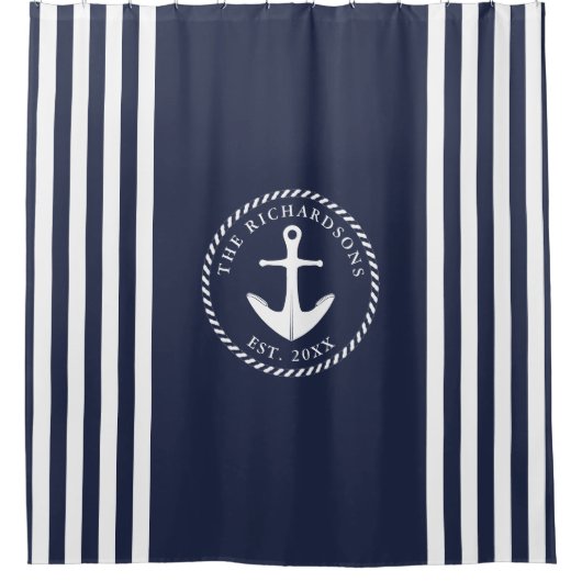 航海のいかりカスタムファミリー名海軍ブルーホワイト シャワーカーテン (正面)
