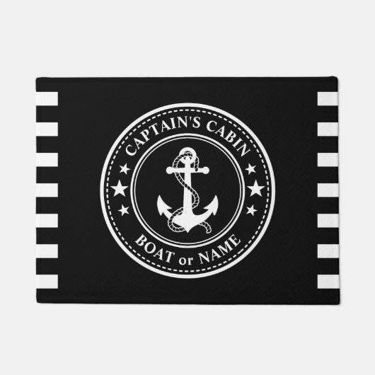 航海のいかりキャプテンズキャビンボートネームブラック ドアマット (正面)