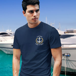 航海のいかりキャプテンボートネーム金ゴールドローレルネイビー Tシャツ