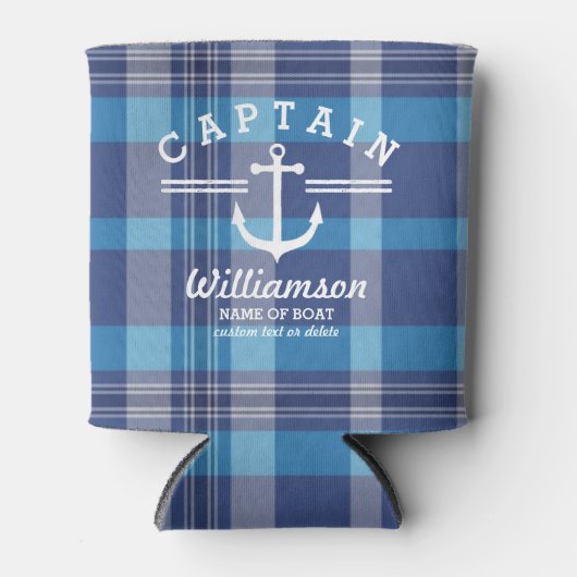 航海のいかりキャプテン及びボート名前をカスタムするプレイド 缶クーラー (正面)